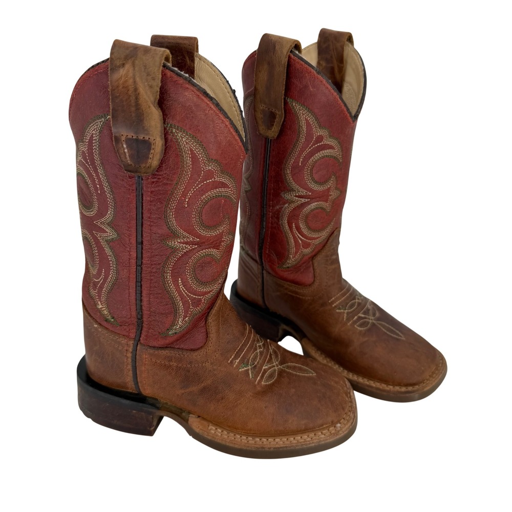Old West Kids Cowboy Boots Brown Red Leather Western Rodeo Ranchwear Size 9D